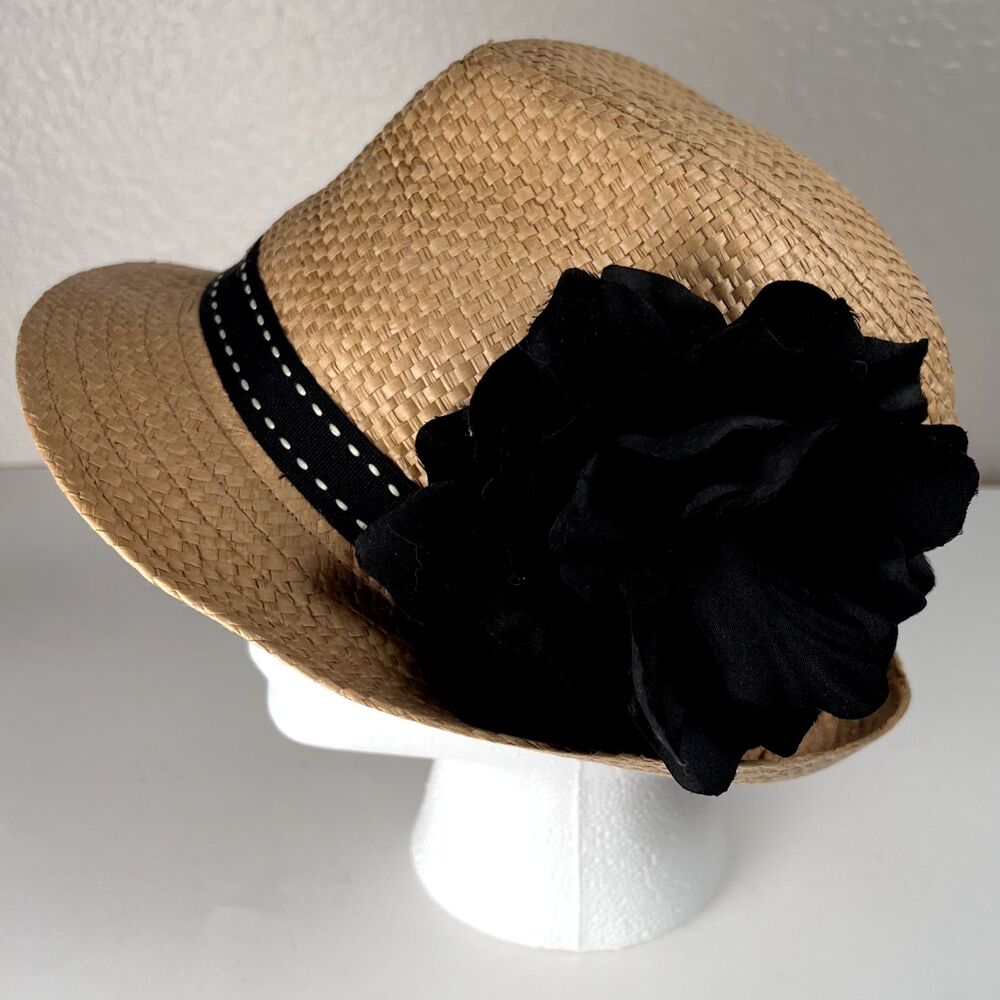 Classic Fedora Panama Hat Women's Sz O/S Beige Straw Black Band Side Flower